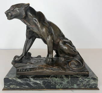 Bronze of cougar by Maurice Frecourt, c1890: Bronze of cougar by Maurice Frecourt, c1890.The bronze alone measures 3 inches by 6 inches by 5 inches on a marble base 7 inches wide. Maurice Frecourt (Wiki)Maurice Frécourt began to practice in