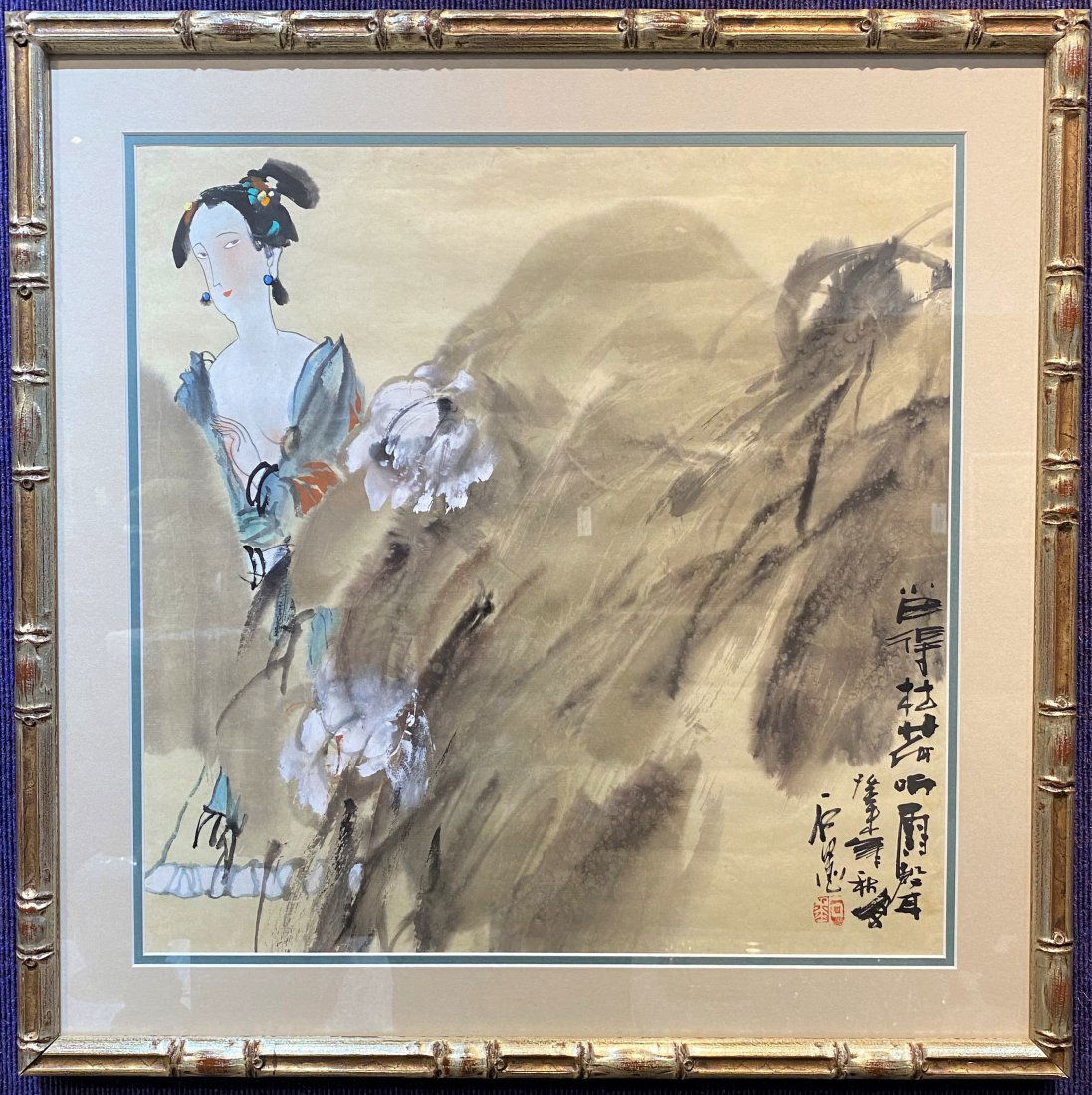 Chinese watercolor of woman, Fu Baoshi, c1970: Chinese watercolor of woman, Fu Baoshi, c1970 Watercolor: 19 1/4" x 19 1/4" Frame: 25.5" x 25.5" Davids notes: There has been debate at the gallery as to whether or not this is Fu Baoshi. It is possib