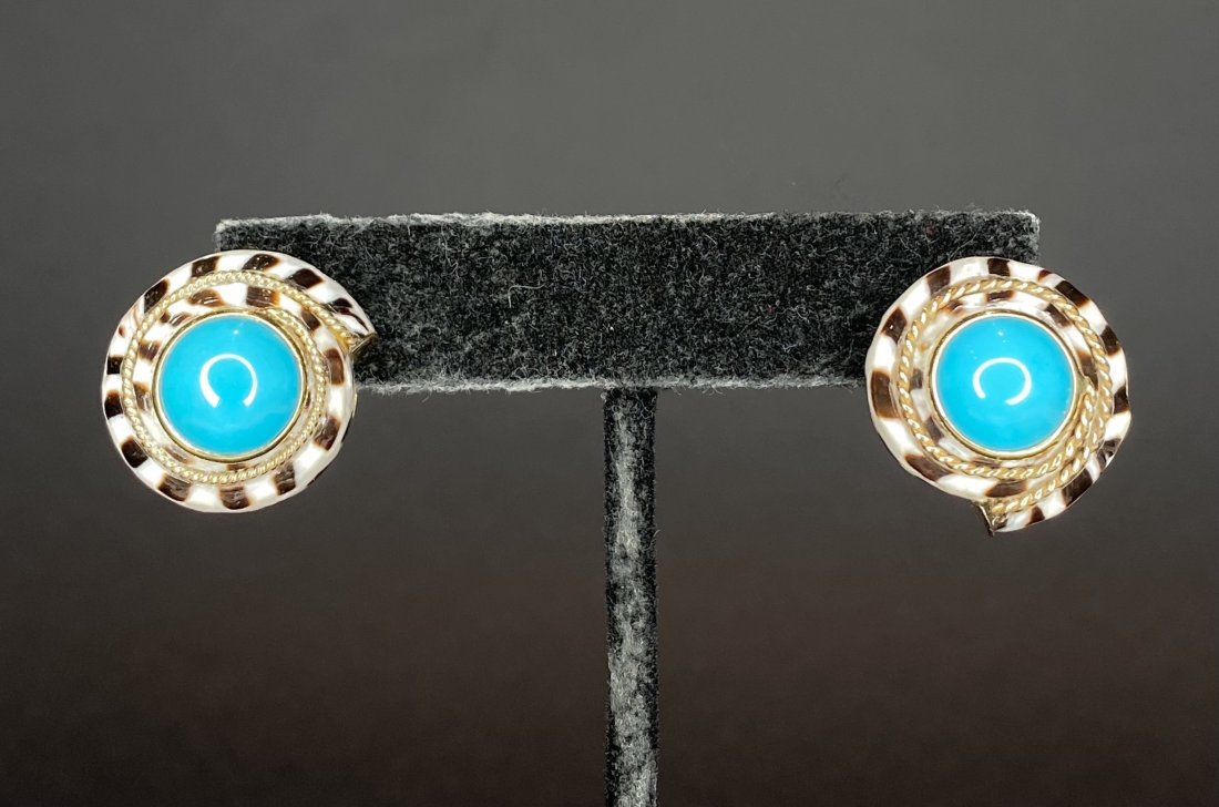 Pair of Maz turquoise and shell 14k ear clips (1 of 6)