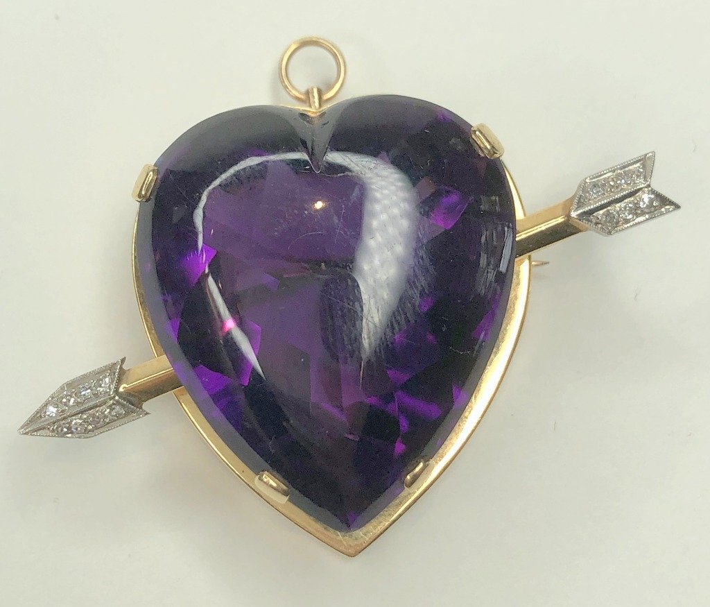 14k gold, amethyst, and diamond heart brooch (1 of 7)