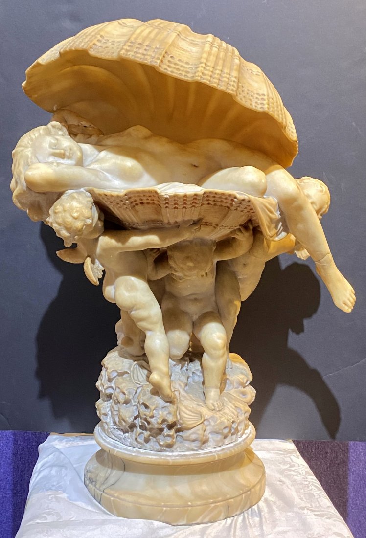 Alabaster carving of nude in shell, c1890: Alabaster carving of nude in shell, c1890 Approximate dimensions: 24" tall x 17" wide x 14" deep