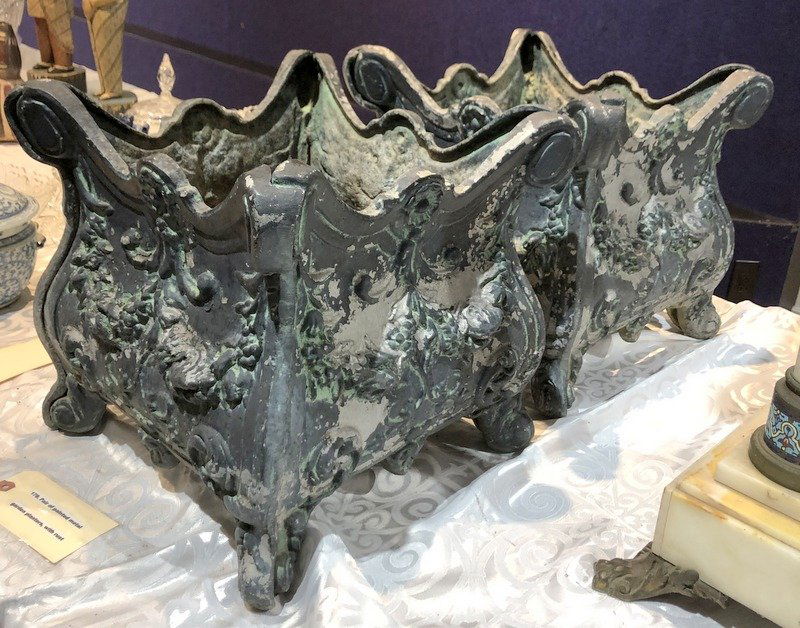 Pair of painted metal garden planters, with rust (1 of 4)