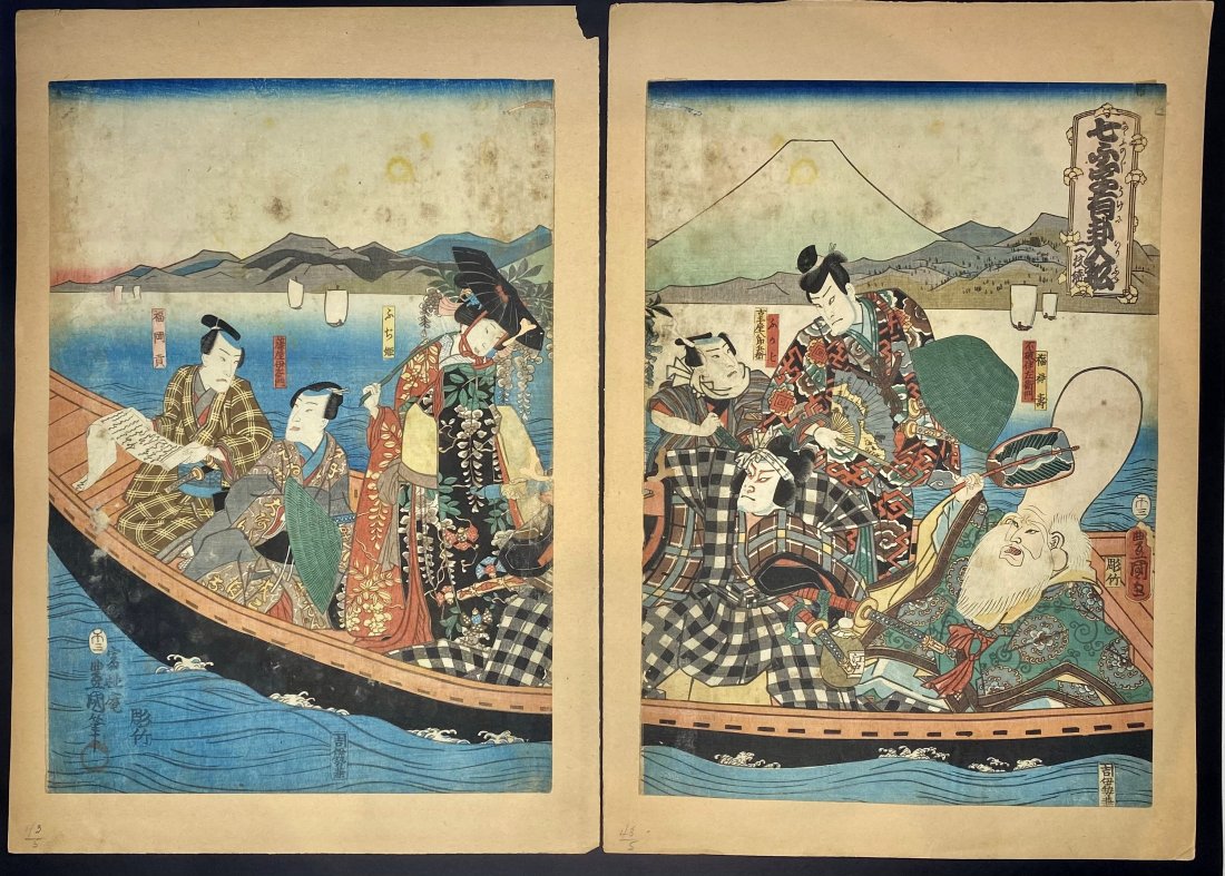Japanese woodblock diptych, seven gods in boat (1 of 12)