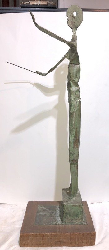 Metal sculpt of conductor by Herbert Kallem,d1969: Metal sculpt of conductor by Herbert Kallem, d1969 Height: 27.25" Base: 8.25" x 7.5" Herbert Kallem (Source: Monheganmuseum.org) Born in Philadelphia, Herbert Kallem moved to New York City to study at