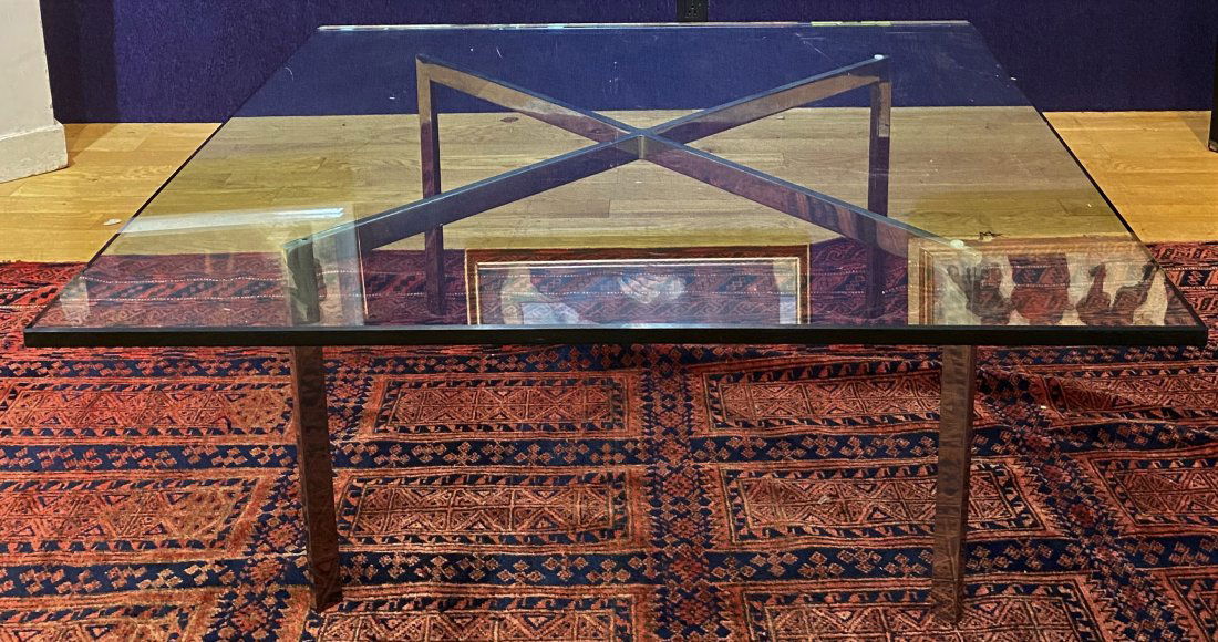 Square glass coffee table, chrome base (1 of 4)