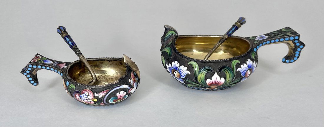 Two miniature Russian silver & enamel kovshes (1 of 9)