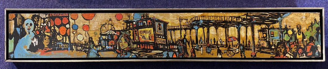 Horizontal painting by Alvin Hollingsworth, Circus: Horizontal painting by Alvin Hollingsworth, Circus. This painting measures 39 inches by 6 inches in a frame 40.5 inches by 7 inches. Provenance:from the Estate and collection of Jeannie Trezevant, an 