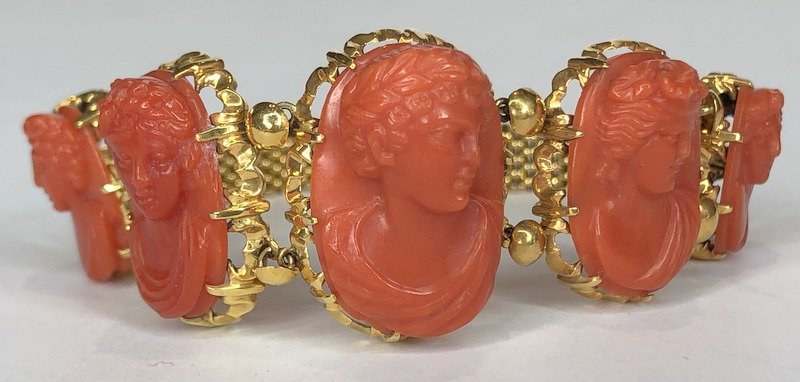 14k and 10k gold red coral cameo bracelet, GIA (1 of 11)