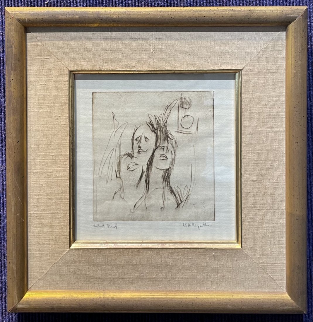 Etching by Alvin Hollingsworth, three faces (1 of 6)