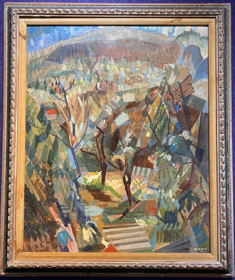 Painting by Andre C Desboeuf, possibly Joan of Arc,1957: Oil on masonite painting by Andre Charles Desboeuf (French 20th century), possibly Joan of Arc,signed 'Desboeuf 1957' lower right and on the reverse. The painting measures 31 inches x 39 inches in a f