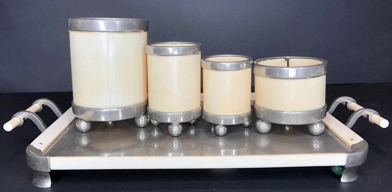 Art Deco smoking set, circa 1930: Art Deco smoking set, circa 1930 Tray: 10" x 7.25" Cup heights: 2.5" - 4"