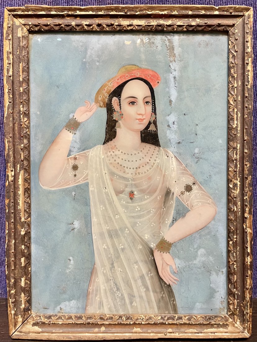 Persian/Indian reverse glass Courtesan painting,19thc (1 of 6)