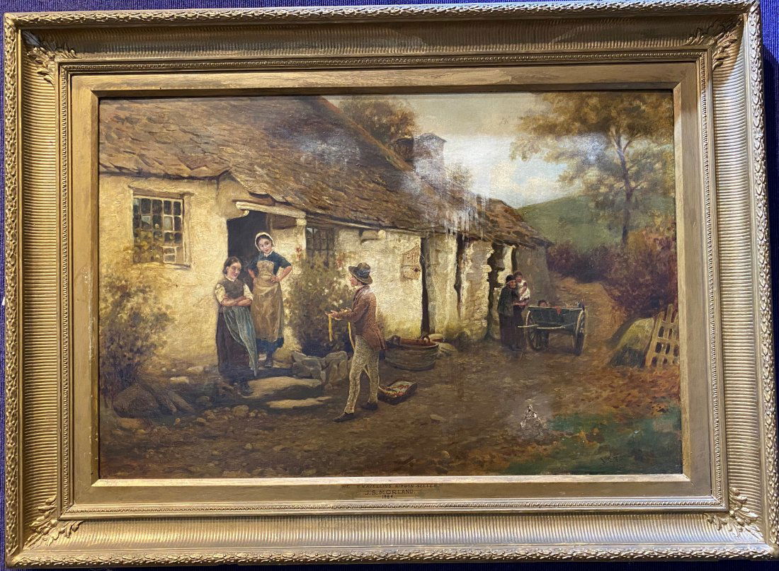 Painting by James Smith Morland, Ribbon Seller, d1884: Painting by James Smith Morland (b.1846, England), Ribbon Seller, d1884 Painting: 33.25" x 23.25" Frame: 45" x 33"