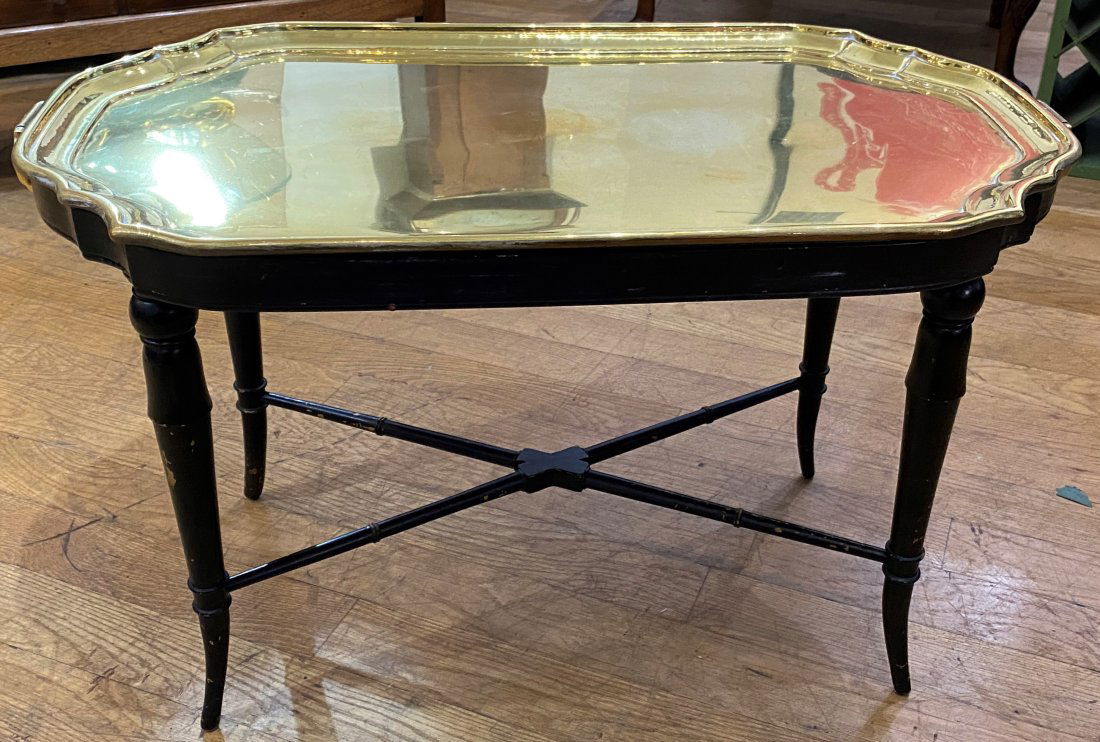 Brass serving top painted wood table (1 of 4)