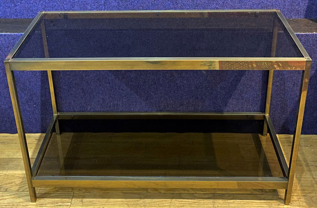Two tiered brass table, glass shelves (1 of 5)