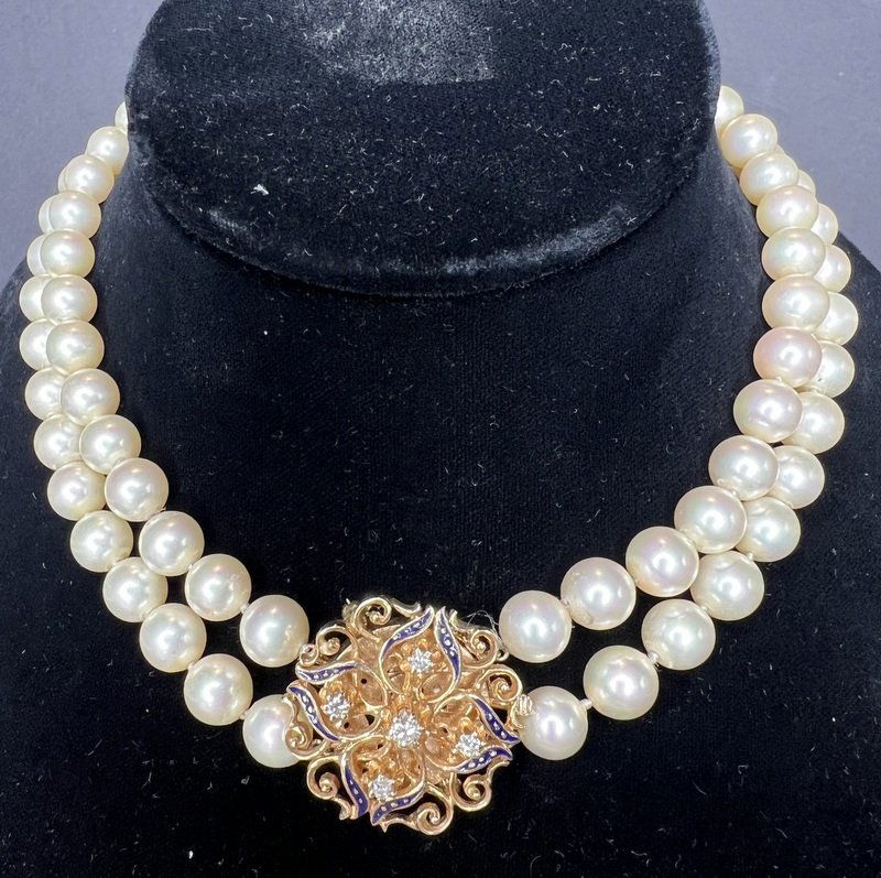 14k diamond and cultured pearl double strand,c1965 (1 of 8)