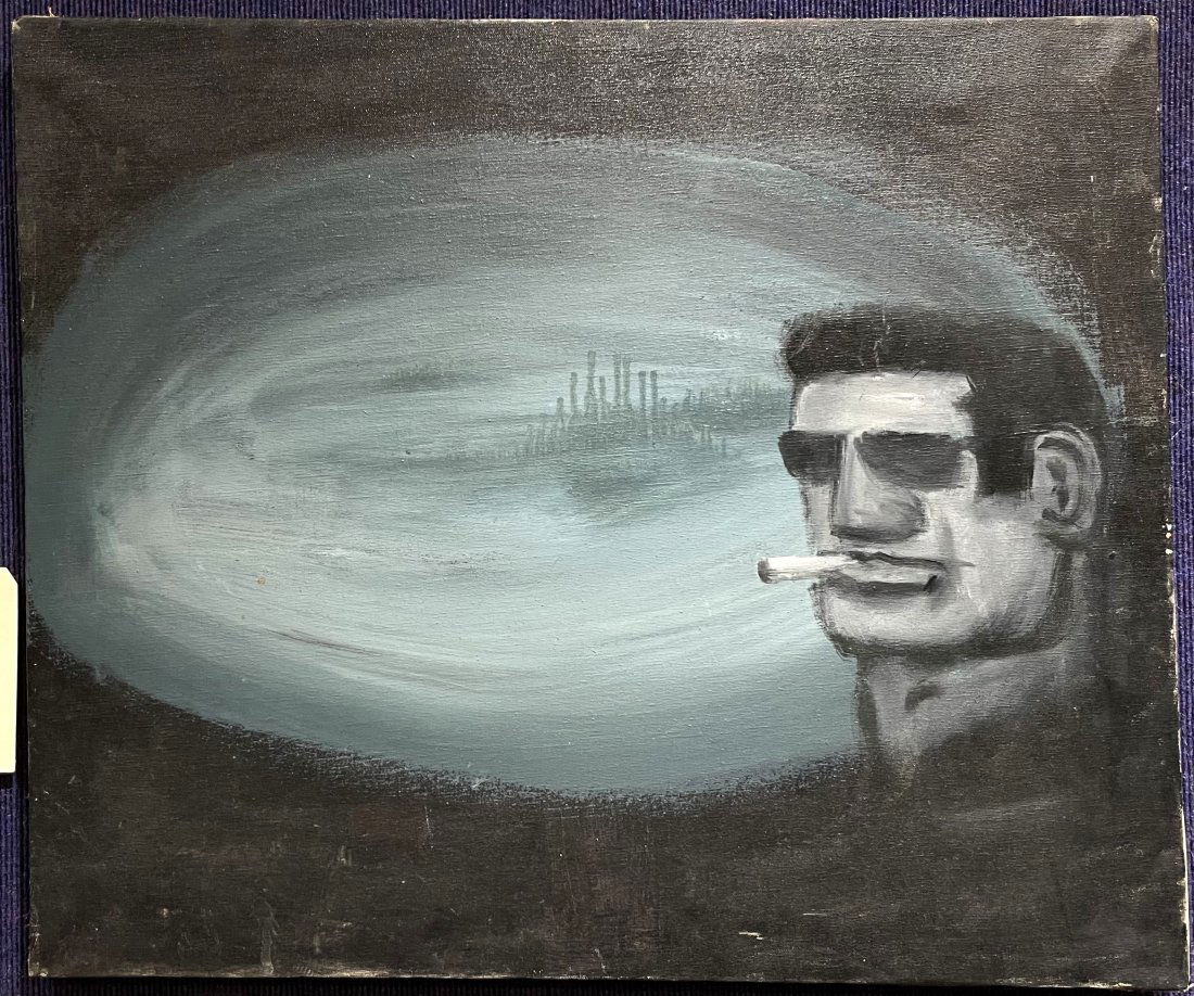 Painting of a man with a cigar, gallery label (1 of 10)