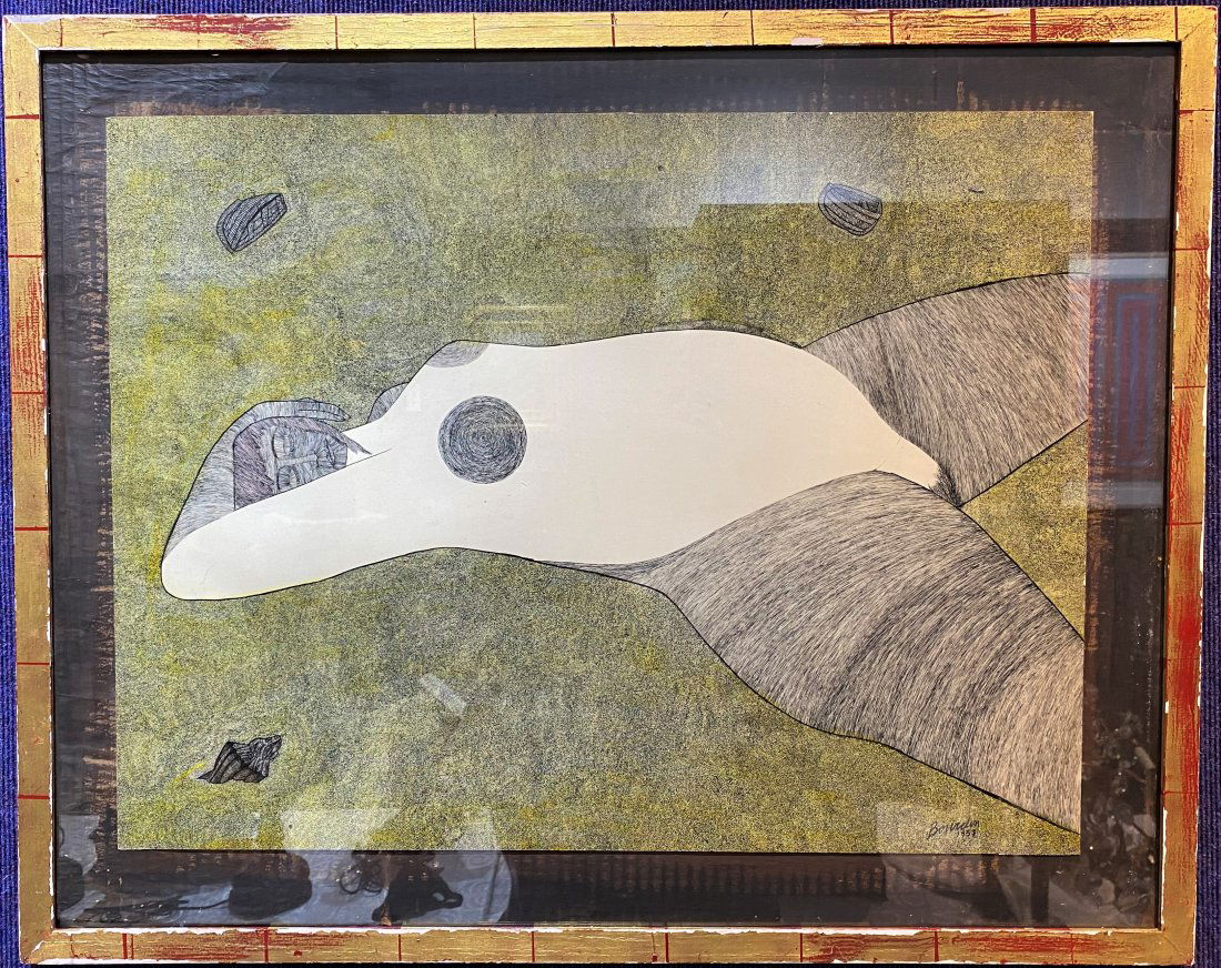 Guy Bourdin ink drawing of reclining nude, d1953: Guy Bourdin ink drawing of reclining nude, dated 1953 Frame: 30" x 24" Drawing: 24 3/4" x 18 1/2" Guy Bourdin (Source: Wiki) Guy Bourdin (2 December 1928 - 29 March 1991), was a French artist and fash