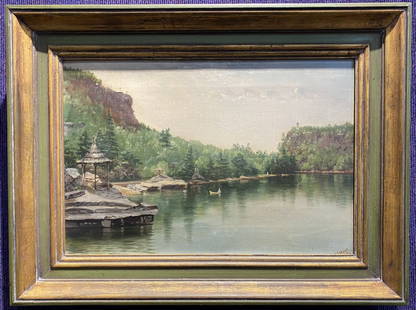 Painting of lake by Nelson Augustus Moore, c1894: Painting of Lake Mohonk by Nelson Augustus Moore,c1894. Frame: 23" x 17 1/4" Painting: 17 1/4" x 11 3/4" Nelson Augustus Moore Nelson Augustus Moore (1824-1902) was born in Kensington, Connecticut, an