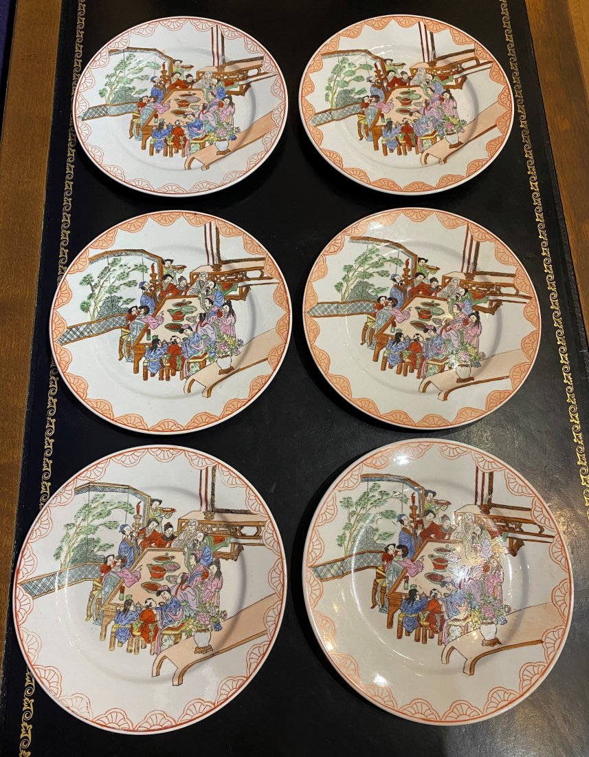 Set of 6 Chinese plates, feast scene, Qianlong marks (1 of 5)