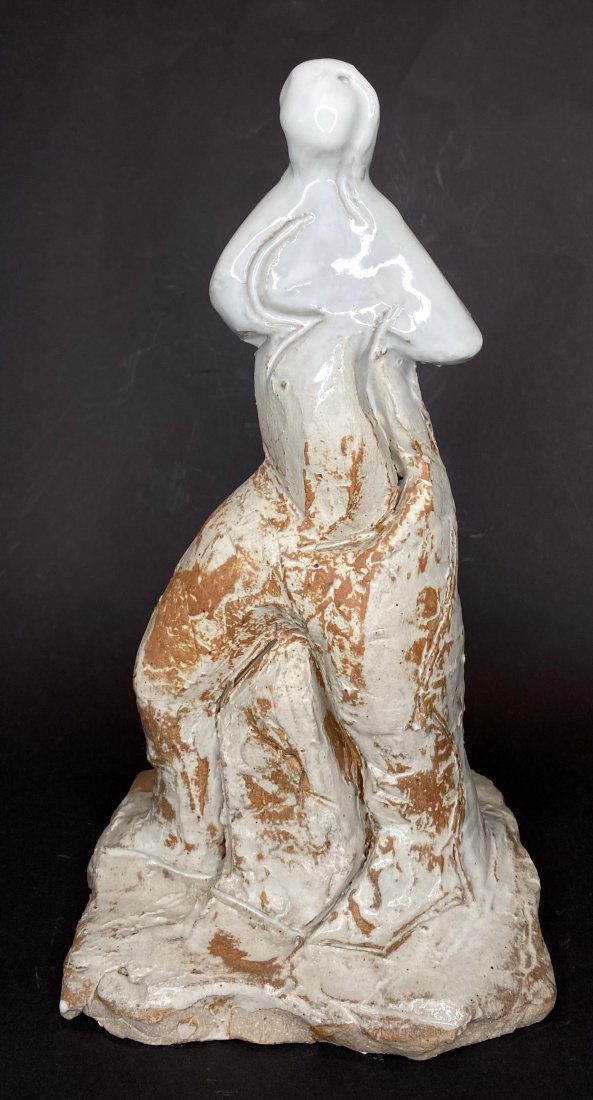 Unsigned ceramic seated figure, brown & white (1 of 5)