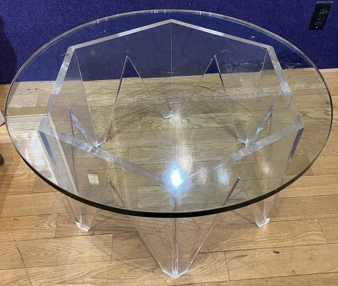 Modern glass top table with lucite base: Modern glass top table with lucite base Height: 16" Diameter of the top is 30"