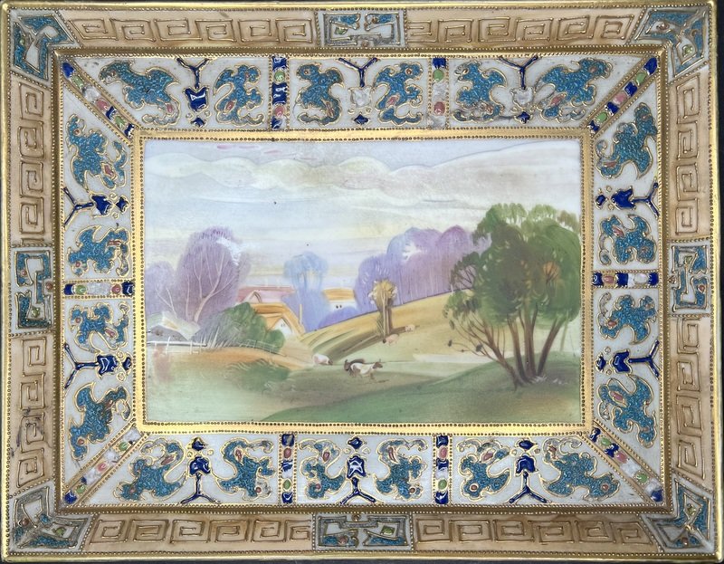 Japanese Nippon enameled dish, landscape: Japanese Nippon enameled dish, landscape 10.25" x 8"