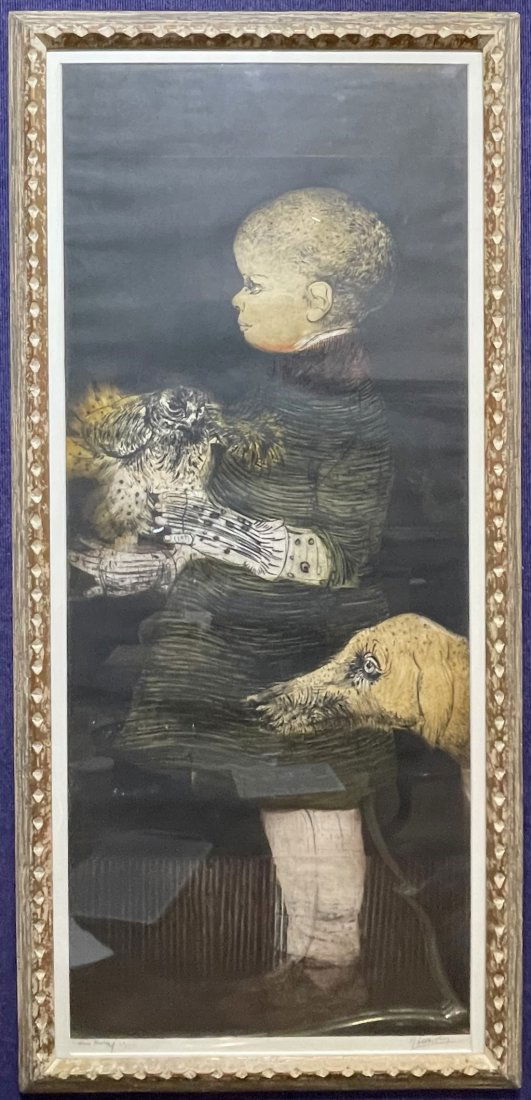 Colored etching of child, hawk,dog by Mauricio Lasansky: Colored etching of child, hawk, and dog by Mauricio Lasansky, c1965Title: Luis Felipe (c1963)Engraving, etching, soft ground, aquatint, electric stippler, drypoint, and scraping26.5 inches by 55.5 inc