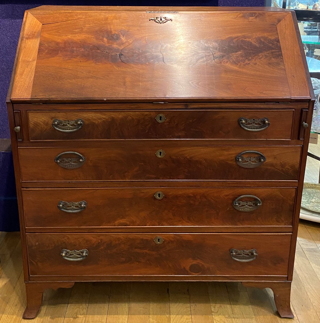 Mahogany secretary desk, slant front, c1850: Mahogany secretary desk, slant front, c1850.40 inches by 21 inches by 45 inches.