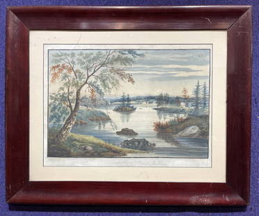 Watercolor after William Guy Wall, Fort Miller: Watercolor after William Guy Wall, View near Fort Miller Frame: 31 1/2" x 25 3/4" Watercolor: 21" x 14" Irish-born artist W.G. Hall spent the summer of 1820 traversing 212 miles of the Hudson