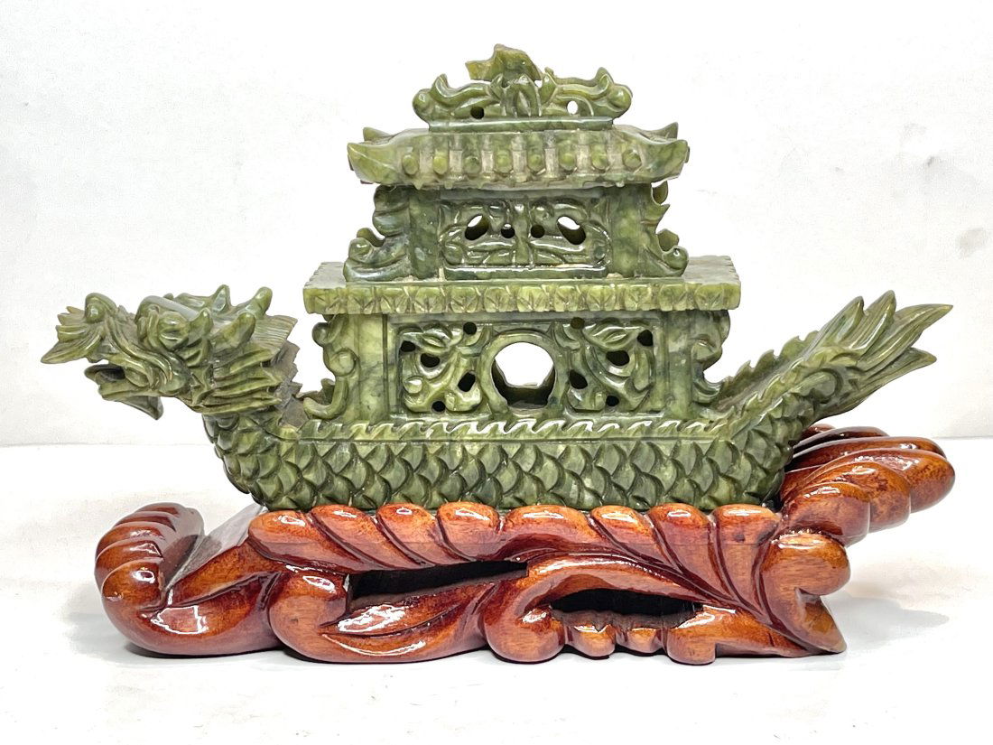 Chinese jade dragon boat on wood stand (1 of 11)