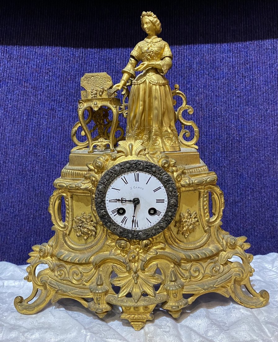 18/19thc gilt bronze mantel clock, signed W. Cabus (1 of 7)