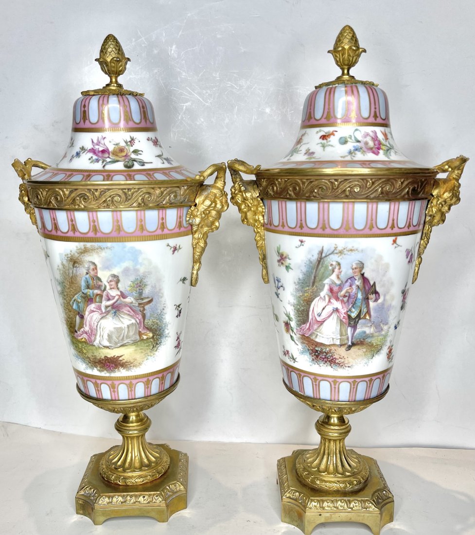 Pair of Sevres gilt bronze mounted urns with lids, pink (1 of 12)