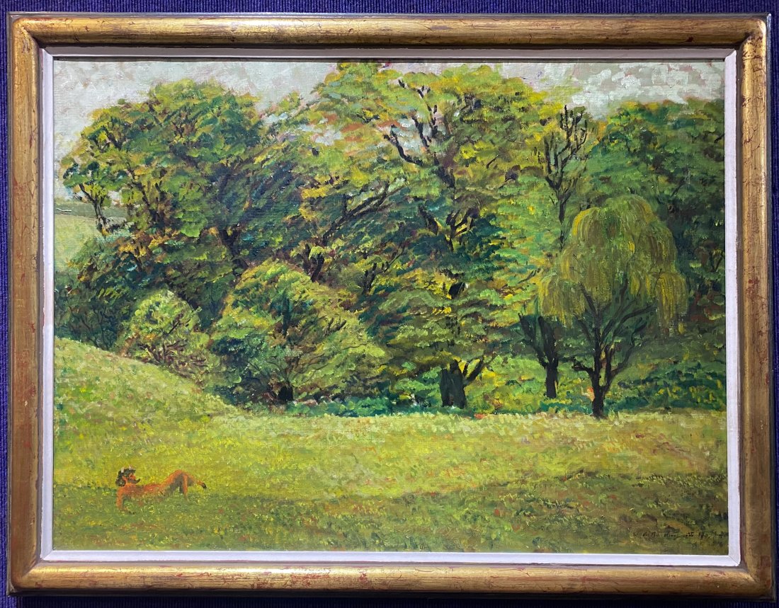 Signed painting of Satyr and Nymph in a meadow: Signed painting of Satyr and Nymph in a meadow Frame: 33 1/4" x 25 1/2" Painting: 29" x 21 1/2" Signed and dated 1925