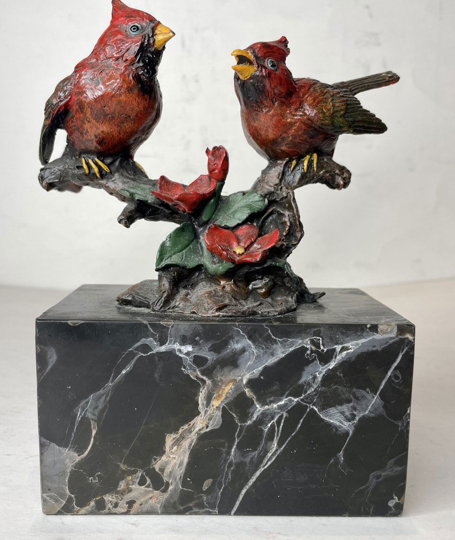 Painted cast iron bird statue, signed Milo (1 of 9)