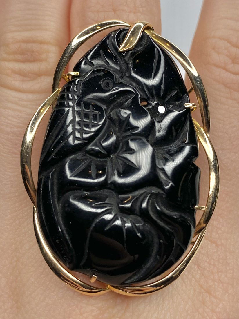 14k Chinese ring, carved black onyx, bird and fruit (1 of 7)