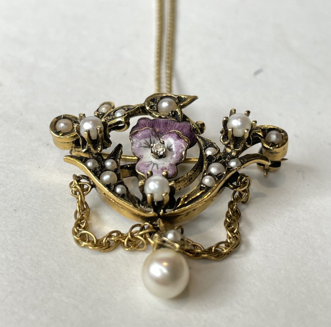 14k diamond pansy flower enamel brooch on chain (1 of 8)