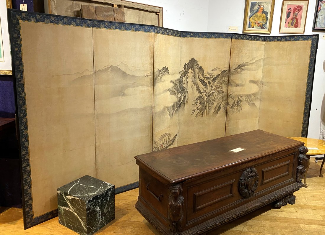 Japanese Nanga school 6-panel screen, Red Cliff: Japanese Nanga school 6-panel screen, Red Cliff, 19th century 150” x 66.5” Japanese Nanga school 6-panel screen, inks on paper in the idealized Chinese literati mode rendering the famous s