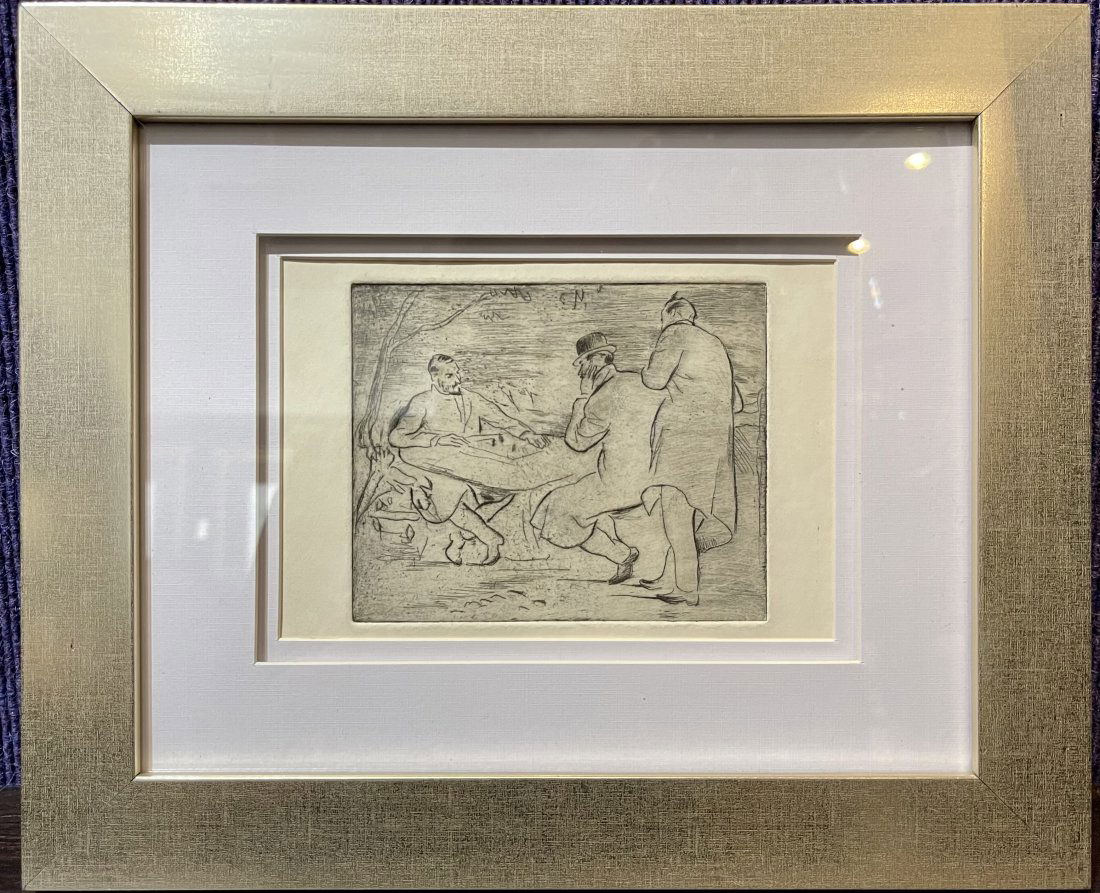 Etching of chess players,circa 1915, possibly by Konrad Cramer: Etching of chess playersFrame: 12" x 10"Sight to mat: 6.5" x 4.5"Etching plate: 4.75" x 4".This work appears to be unsigned but someone wrote Konrad Cramer on the reverse.Cramer was a German artist wh