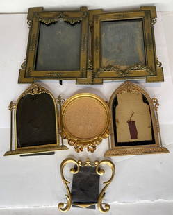 Antique metal picture frames: Antique metal picture framesPair of large frames: 6.75" x 8.5"Frame with curved design: 4.25" x 4" Arched frame (with monogram): 5.25" x 6.5" Arched frame: 5.25" x 6.25"Circular frame: 4.5" diameter