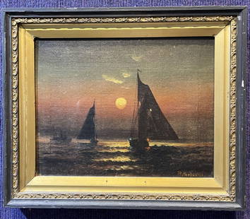 Painting of ships at night by B. Sutcliffe, c1940: Painting of ships at night by B. Sutcliffe, c1940 Painting: 13 3/4" x 10.5" Frame: 17.5" x 14.5"