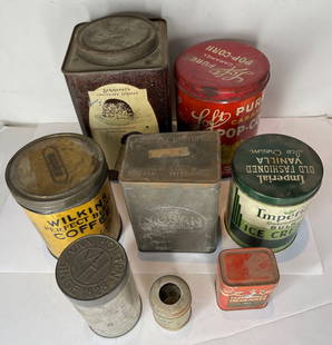 Misc 1930s tin food canisters(eight): Misc 1930s tin canisters(eight)Rust, loss of lithographic design from wear, overall condition consistent with age and use. One lid with opening. Good for cinema props for period films.