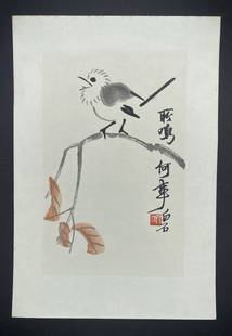 Chinese watercolor of small bird on branch after Qi Baishi: Chinese watercolor of small bird on branch after Qi Baishi Watercolor: 6 7/8" x 10 7/8" Paper: 9 3/4" x 11 1/4"