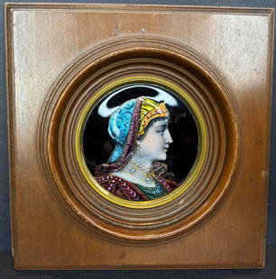 Enamel painting of maiden, blue scarf, c1900: Enamel painting of maiden, blue scarf, c1900Frame:4" x 4"Painting: 1.75" diameter