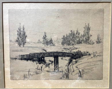 Etching of a bridge by Loren Roberta Barton, c1960: Etching of a bridge by Loren Roberta Barton, c1960 Etching: 10 7/8" x 8 1/8" Frame: 18.5" x 16" Loren Roberta BartonLoren Roberta Barton (1893 - 1975) was an American painter, illustrator, and