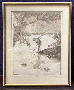 Etching by Ray Olsen, Boy in Stream, d1982: Etching by Ray Olsen, Boy in Stream, d1982 Etching: 11 3/4" x 15.5" Frame: 16 3/4" x 20 3/4" Ray Olsen(source: registercitizen) Ray Olsen graduated from Parsons School of Design in New York City