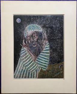 Print by Stella Drabkin, David Lamenting, d1965: Print by Stella Drabkin, David Lamenting, d1965Mat: 18" x 22"Sight to mat: 12.25" x 15.5"Although the art community in Philadelphia that Drabkin belonged to had a large Jewish membership,