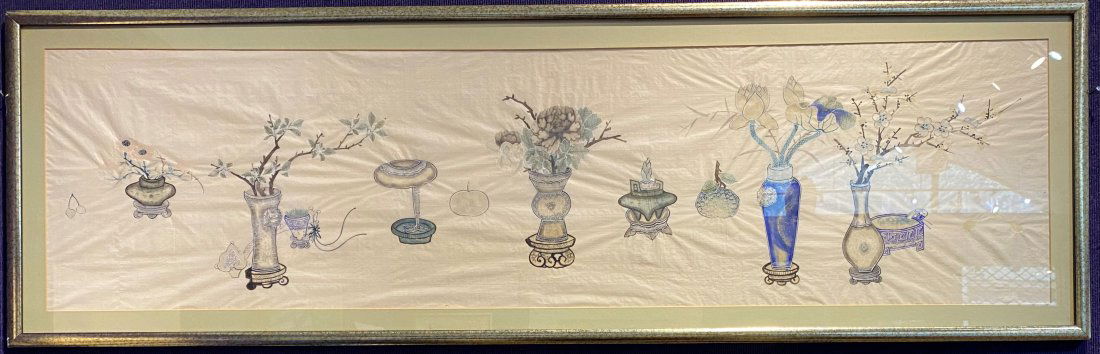 Chinese horizontal painting of vases on silk (1 of 5)