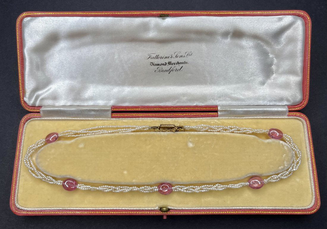 Fattorini  & Sons(Italian/English) pink tourmaline 14k seed pearl necklace circa 1875 (1 of 13)