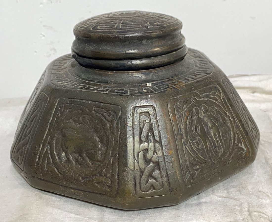 Tiffany Studios Zodiac bronze inkwell, c1920 (1 of 8)
